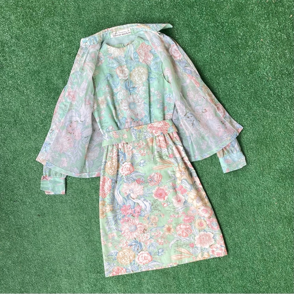 Vintage Floral Mint Green/Blue and Pink Dress and Long Sleeve Two Piece Set